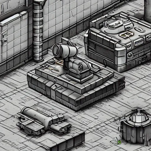 Prompt: fallout enclave fighter in power armor with a minigun in his hands stands next to the entrance to the fallout shelter, camera view isometric, post - apocalyptic,