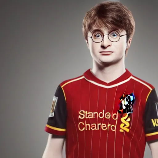 Image similar to portrait of harry potter wearing a liverpool jersey, highly detailed, masterpiece painting, 4 k, octane render,