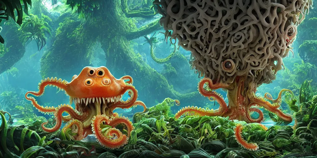 Image similar to of a tropical rainforest lake with strange cute friendly happy creatures with huge eyes, mouth, long tongue, round teeth and tentacles appearing from sandy coral, in the style of gehry and gaudi, macro lens, shallow depth of field, ultra detailed, digital painting, trending artstation, concept art, illustration, cinematic lighting, photorealism, epic, octane render