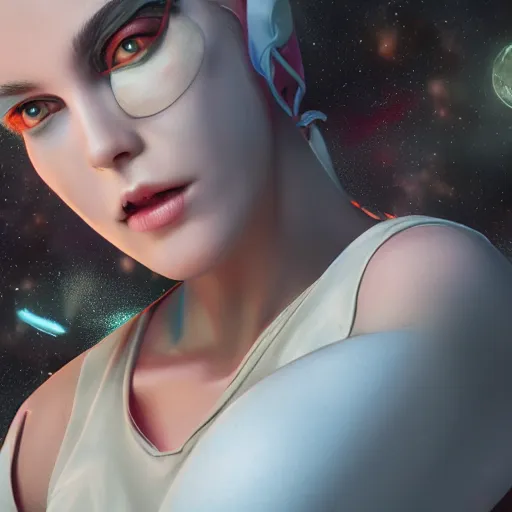 Image similar to spacegirl, 8 k uhd, unreal engine, reflected chrome, octane render in the artstyle of tom bagshaw, unreal engine 5, highly detailed face, true anatomy!, extremely detailed!, fishnets, dystopian, details visible, octane render