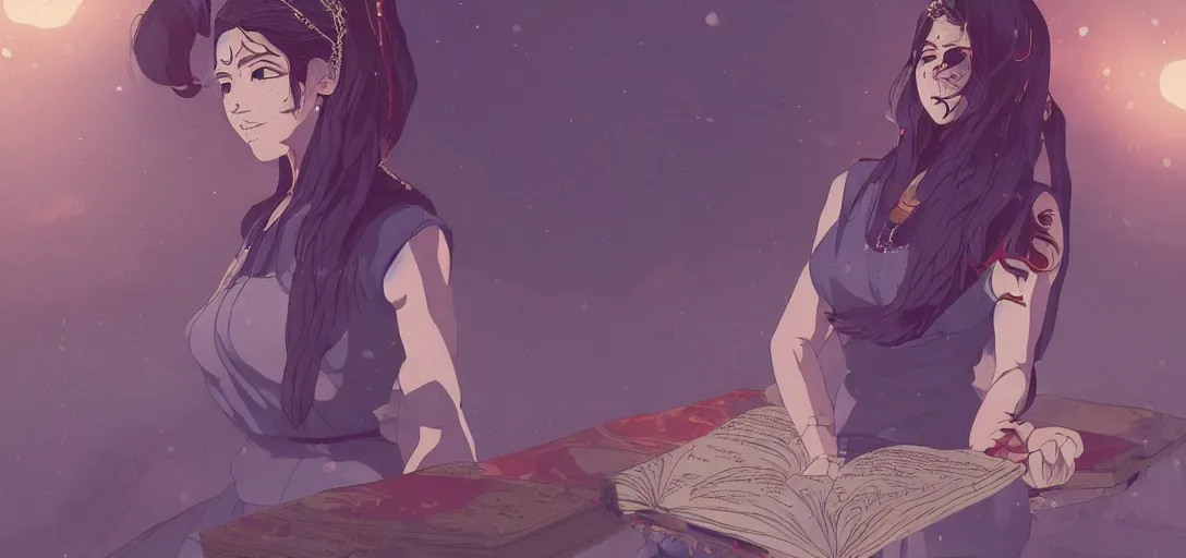 Prompt: Full body portrait of a Himalayan woman in a sleeveless dress, a book floating as she casts a ritual spell, dark colors, ominous, somber, detailed, by Studio trigger, by Makoto Shinkai and Ilya Kuvshinov