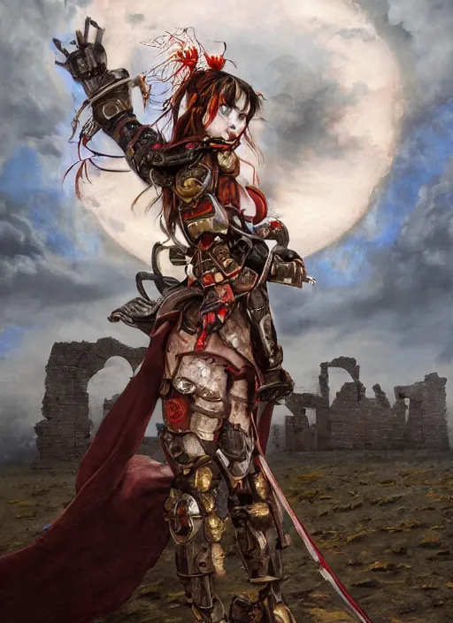 Image similar to portrait of a diabolical cyborg clown samurai girl, torn cape, adaptive armor, dynamic pose, heavy eyes to the side, ancient ruins, glowing veins subsurface scattering, in clouds, sunset, portrait, by gerald brom, by mikhail vrubel, by peter elson, muted colors, extreme detail, reflections, trending on artstation, 8 k