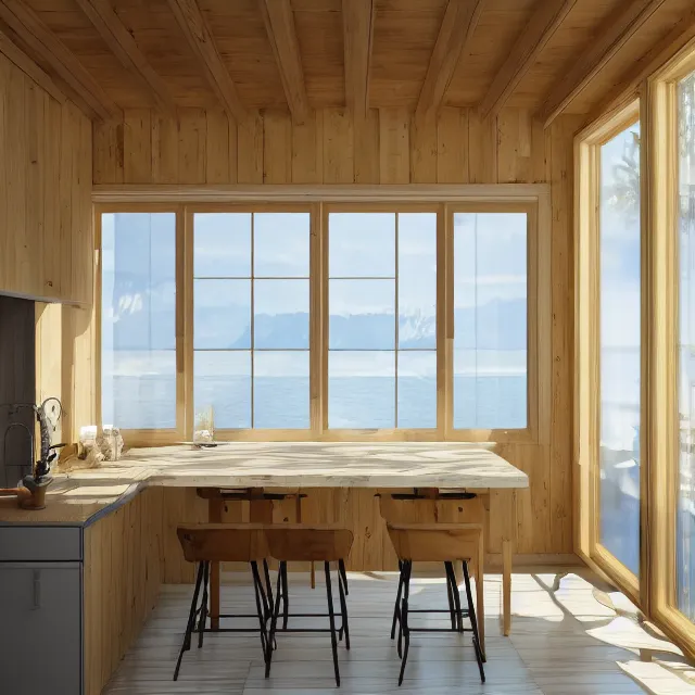 Prompt: kitchen interior in a wooden a frame cabin, yellow cabinets and white walls, vintage fridge, large window in back with ocean scenery, marble countertops, leather couch, realistic, unreal engine render, octane render, hyper realistic, photo, 8 k