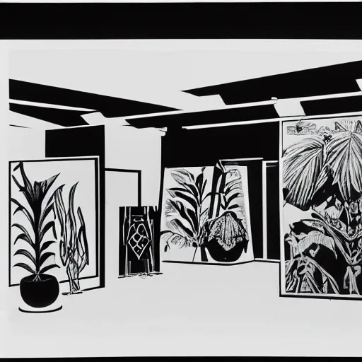 Image similar to A black and white sérigraphie of an exhibition space with works of Sun Ra, Marcel Duchamp and tropical plants