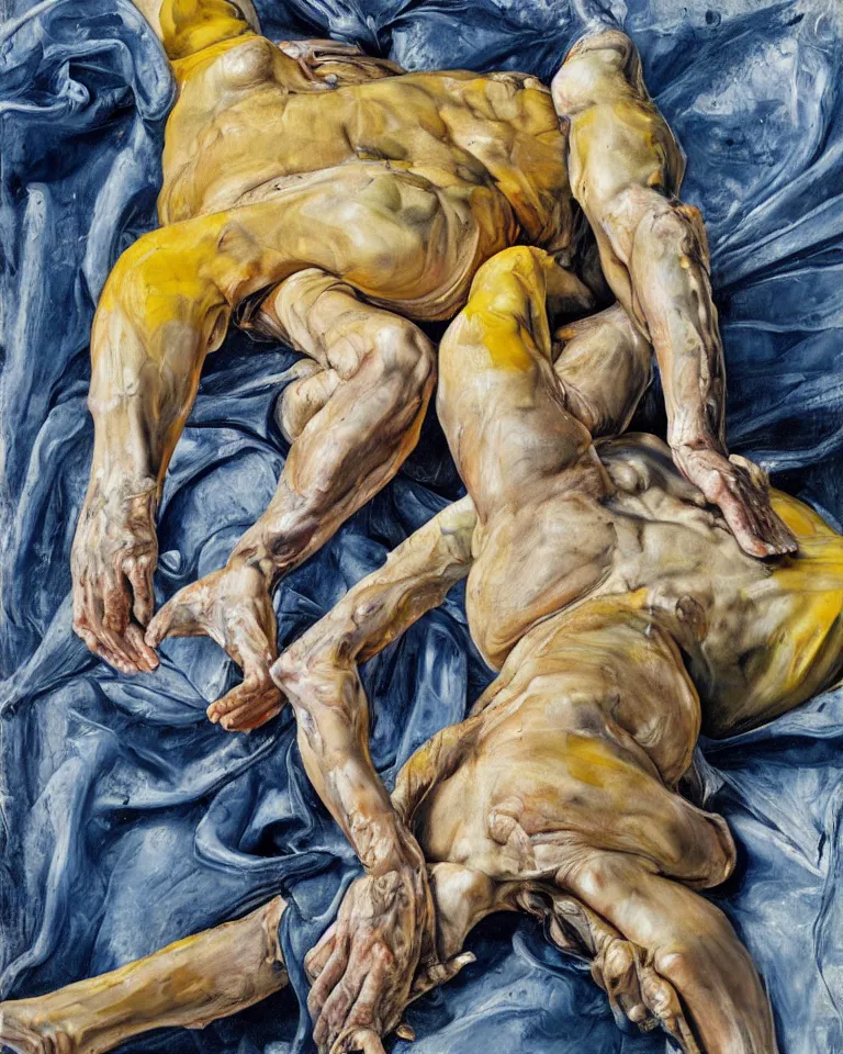 Prompt: high quality painting by lucian freud and jenny saville, hd, high contrast, fine details, hd, mangenta, indigo, yellow