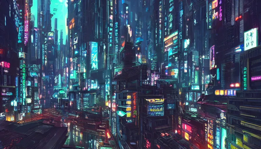 Image similar to A beautiful picture of an establishing shot of a cyberpunk neo tokyo cityscape by Sergey Vasnev and square pictures , trending on artstation