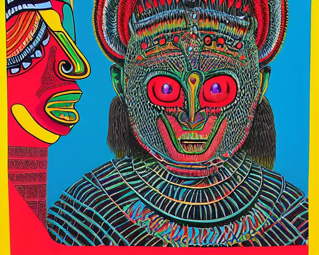 Image similar to a detailed acrylic painting of mayan jaguar warrior, the artist is charles burns, alex grey, cut out collage 1 9 7 6.