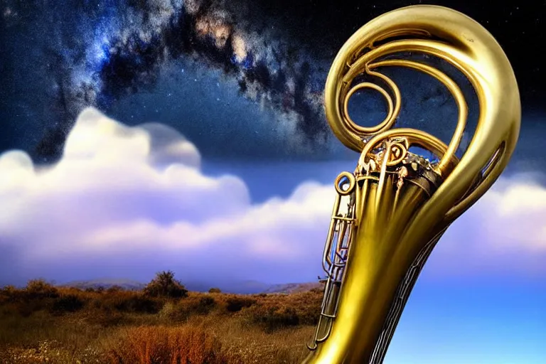 Image similar to intricate ornate varied tuba cloud sculpture landscape, art nouveau environment, tense, milky way, award winning art, epic dreamlike fantasy landscape, ultra realistic,