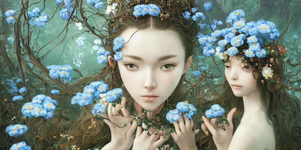 Image similar to breathtaking detailed concept art painting of the goddess of nemophila flowers, orthodox saint, with anxious, piercing eyes, ornate background, amalgamation of leaves and flowers, by Hsiao-Ron Cheng, James jean, Miho Hirano, Hayao Miyazaki, extremely moody lighting, 8K