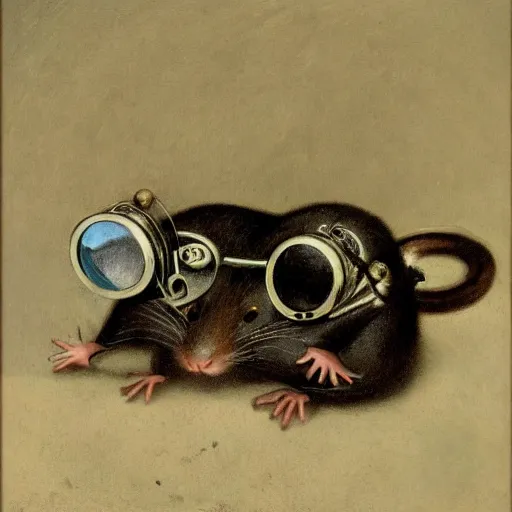 Image similar to a rat with steampunk googles, by GUSTAVE COURBET