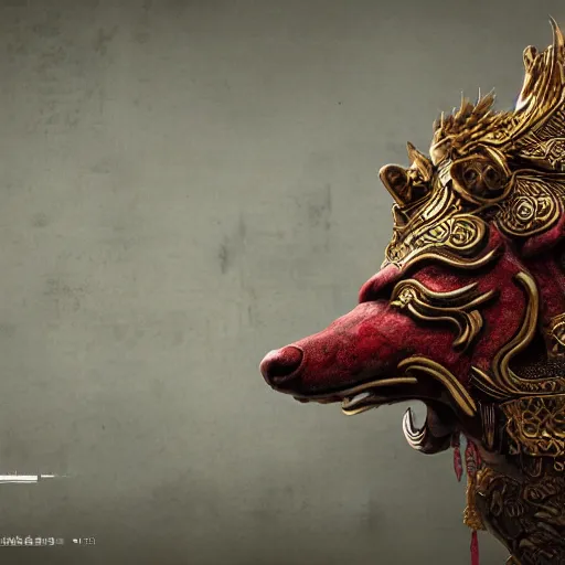 Image similar to The Chinese Zodiac sign of dog warrior, traditional Chinese textures, hyper detail, Unreal engine,Octane render, by Brooke Shaden