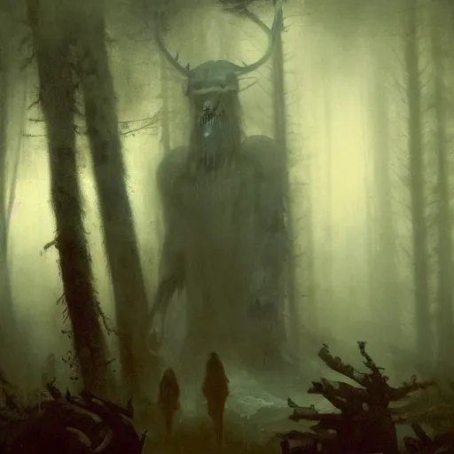 Prompt: distant portait of a wendigo!!!!!!! in a forest in the far distance, by jeremy mann, by tiepolo, mike mignola, by greg rutkowski, shrouded by misty, at dusk, mysterious atmosphere, horror, high detailed, 8 k