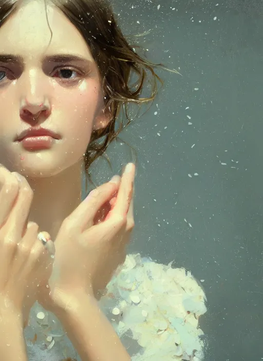 Prompt: close up picture of a white dress girl, hard breathing, messy hair, reaching a hands to the camera, treasures on the background, coveted, beautiful and aesthetic and attractive and detailed face, specular reflection, occlusion shadow, intricate, bokeh, masterpiece, by ilya kuvshinov and jeremy lipking and quentin mabille