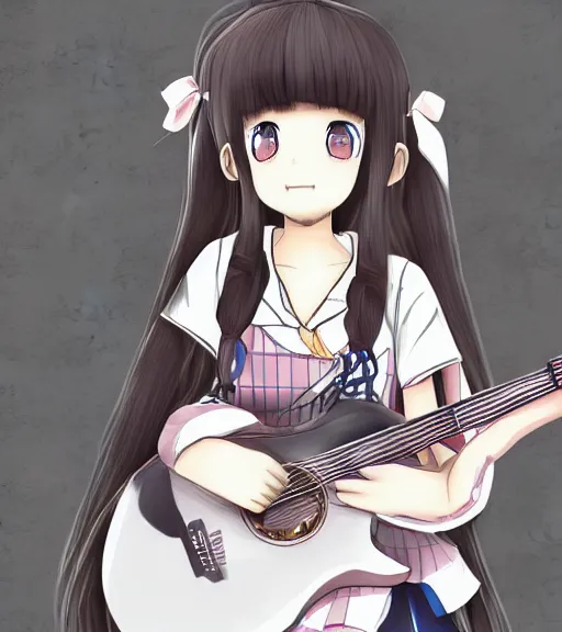 Prompt: a cute school girl is playing guitar on bedroom floor in detailed manga line drawing style squareenix trending on pixiv skeb deviantart realistic hd