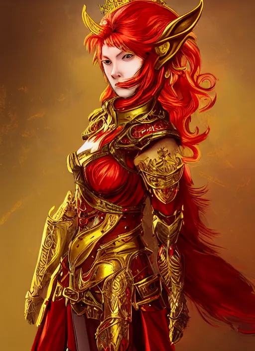 Image similar to Half body portrait of a handsome young red haired elven princess warrior wearing red and gold ornate leather armour and golden tiara. In style of Yoji Shinkawa and Hyung-tae Kim, trending on ArtStation, dark fantasy, great composition, concept art, highly detailed.