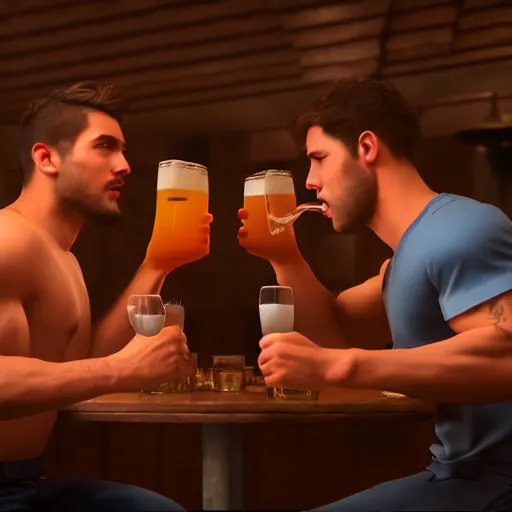 Prompt: cinematic scene with attractive male and another attractive muscular male, drinking their hearts out, in the pub, very detailed, volumetric lighting, still frame