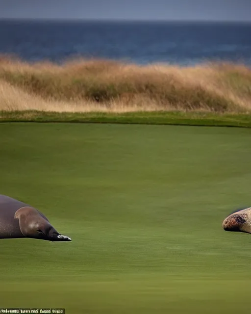 Prompt: A large adult male Elephant seal rearing up, blocking a golfer from the hole on a golf course green, photographed in the style of National Geographic photographer Paul Nicklen, Hyperreal