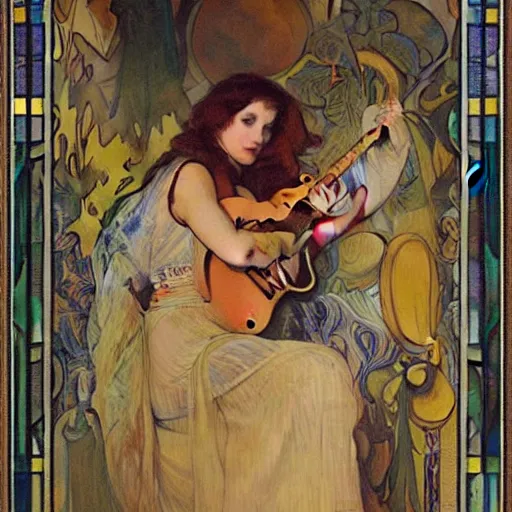 Image similar to Anna_Calvi playing electric guitar by Alfons Mucha, masterpiece