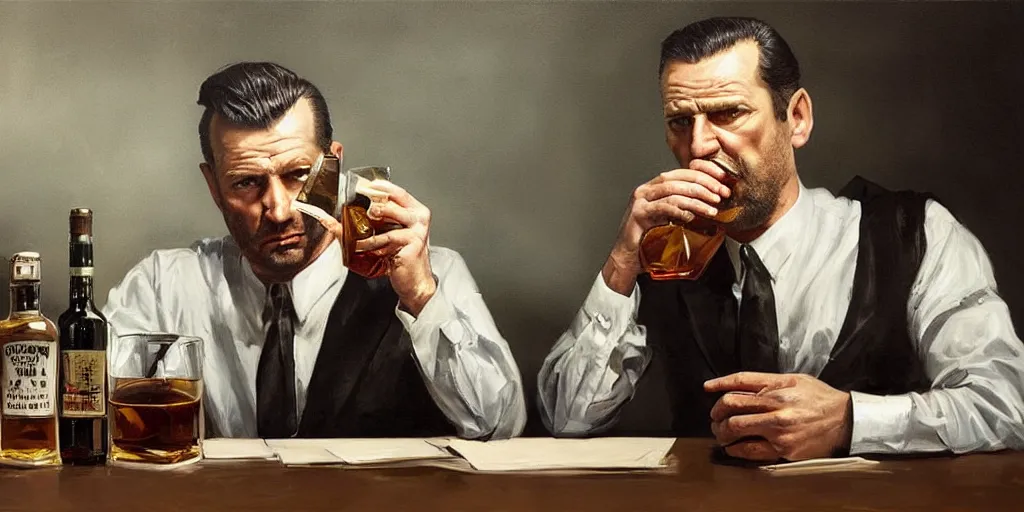 Image similar to beautiful oil matte portrait painting, mafia boss drinking whiskey at his 5 0 s new york office desk, wonderful masterpiece highly detailed, beautiful cinematic light deep focus, elegant, digital painting, smooth, sharp focus, golden ratio, dramatic illumination, ultra realistic, 8 k, art by jimmy law