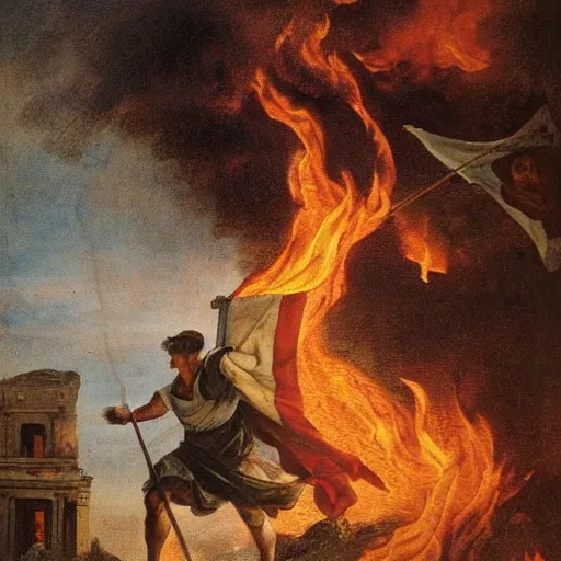 Prompt: a man holding a roman flag running into a burning castle.