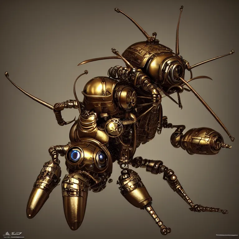 Prompt: steampunk robot hornet, 3 d model, unreal engine realistic render, 8 k, micro detail, intricate, elegant, highly detailed, centered, digital painting, artstation, smooth, sharp focus, illustration, artgerm, tomasz alen kopera, wlop