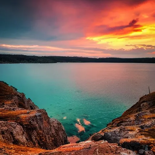 Prompt: sunset above blue lake, beautiful landscape, high detail, instagram photo, professional dslr photo,