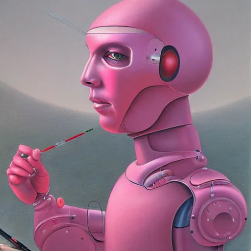 Image similar to pink robot artist artist painting a self portrait, by john howe