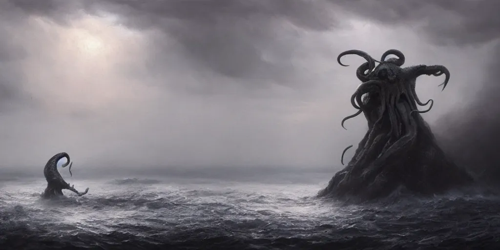 Image similar to cthulhu rising out of the ocean, hyper realistic oil painting, dark, moody cinematic lighting, creepy, fog, storm clouds, by greg rutkowski, trending on artstation