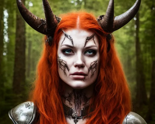 Prompt: 5 5 mm portrait photo of an armored gorgeous anesthetic redhead woman warrior with a face tattoo and horns growing from her head, in a magical forest. by luis royo and stephan kostic. highly detailed 8 k. intricate. lifelike. soft light. nikon d 8 5 0. cinematic post - processing