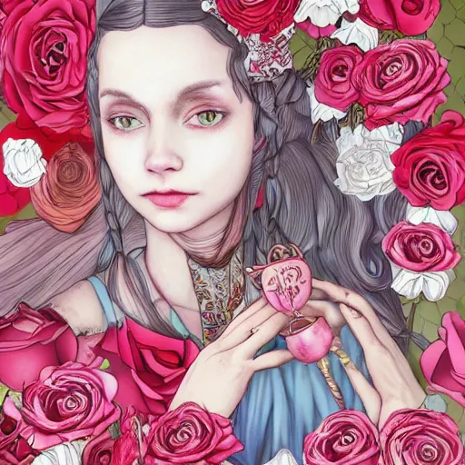 Image similar to Alice in Wonderland at the tea party, she looks like a mix of grimes, Aurora Aksnes and zoë Kravitz, sweet and innocent, surrounded by red and white roses, digital illustration, inspired by Aeon Flux and Japanese shoujo manga, hyper detailed, dreamlike, incredibly ethereal, super photorealistic, muted and pastel shades, extremely fine inking lines