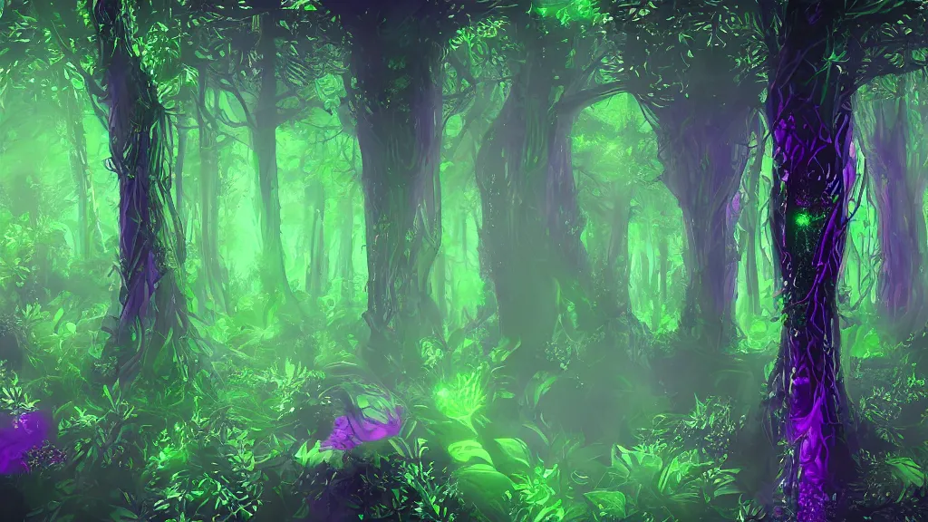 Prompt: portrait of an ethereal evergreen forest made of green and purple light, divine, cyberspace, mysterious, dark high-contrast concept art