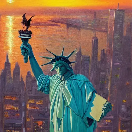 Image similar to very realistic painting of half man half eagle on the statue of liberty, watching the colorful city with highly detailed skyline, sunset, majestic, wonderful, fantasy, by Greg Rutkowski, Trending on Artstation, digital art