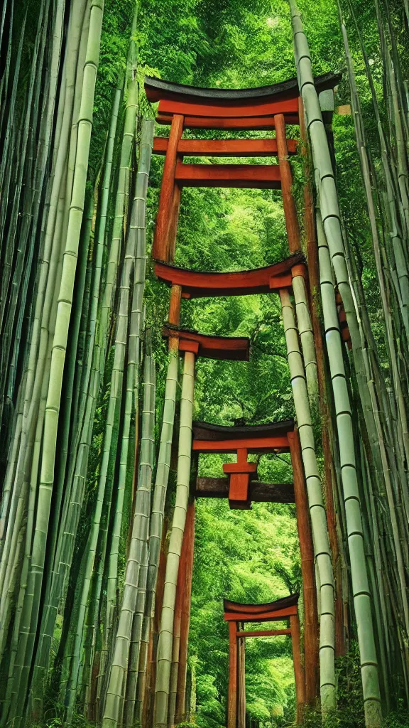 Image similar to “Torii gate in a bamboo forest, realistic, hiperrealist, photorealist, intricate, sharp focus, cinematic lights, Artstation HQ, Deviantart trending, 4K UHD, masterpiece”