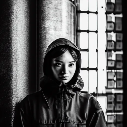 Image similar to photograph of a techwear mixed young woman inside a hidden busy speakeasy, closeup, brutalist design, sigma 85mm f/1.4, 4k, depth of field, high resolution, 4k, 8k, hd, full color