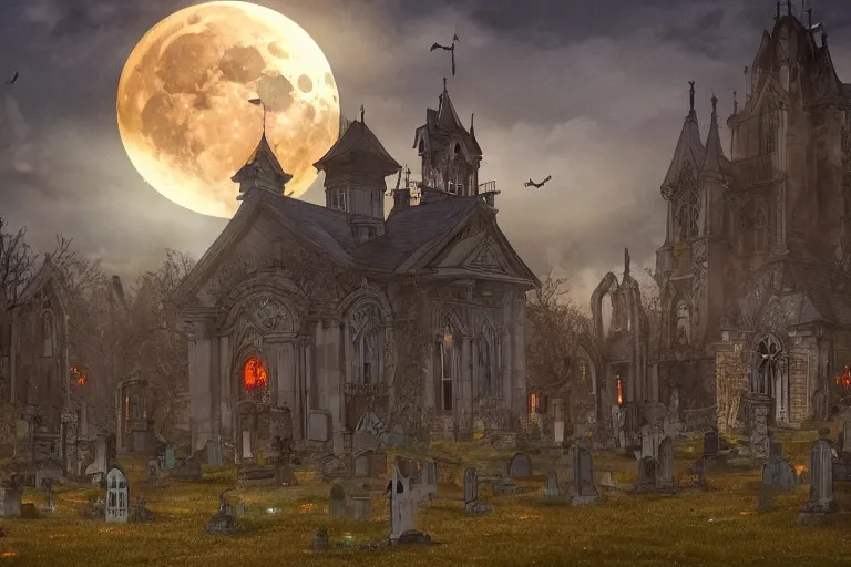 Image similar to an ultra detailed animation of a graveyard at midnight on halloween, digital art, dark fantasy, concept art, soulslike, by alphonse mucha, blood moon eclipse, ruined building in the background, artstation, 8 k, unreal engine render