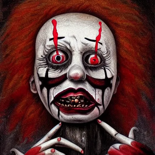 Prompt: nightmare clown drowning in his sorrows and depression, surrealist horror painting with soft, gothic red black and brown colors. soft paint strokes evoking profound sadness, killer clown spiraling into hopelessness. renaissance oil painting, incredibly detailed.