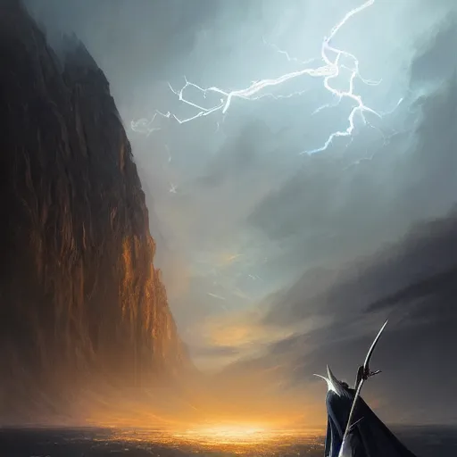 Image similar to gandalf casts a lightningbolt, dramatic light, night, thunderclouds, fantasy background, painted by stanley lau, painted by greg rutkowski, painted by stanley artgerm, digital art, trending on artstation