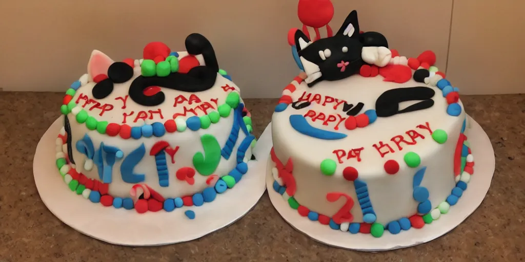 Image similar to There is a cat pattern on the birthday cake, whose left eye is blue, the right eye is red, and the ear is green. And which says 'Aza, 818 happy birthday!'