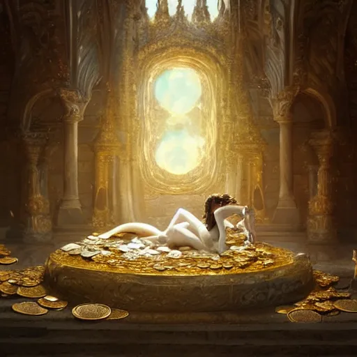 Image similar to concept art of a white scaled dragon laying on a mountain of golden coins and precious jewels inside a castle, medieval, jewels, gold, painting by wlop, nixeu and greg rutkowski, beautiful, semirealism, artstation, octane render, sharpness, 8 k, golden ratio