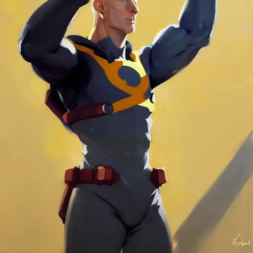 Image similar to Greg Manchess portrait painting of Saitama as Overwatch character, medium shot, asymmetrical, profile picture, Organic Painting, sunny day, Matte Painting, bold shapes, hard edges, street art, trending on artstation, by Huang Guangjian and Gil Elvgren and Sachin Teng