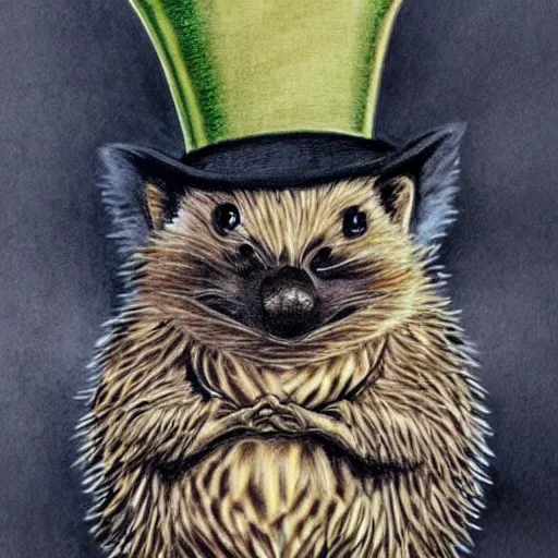 Image similar to hedgehog wearing a top hat, steampunk, portrait, colored pencil art, detailed, intricate