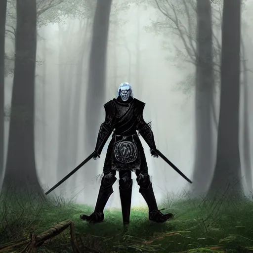 Image similar to Aging knight in black armor standing alone in a forest glade, no helmet, grey hair, Dungeons and Dragons, character portrait, colorful, hyper realism, 4k