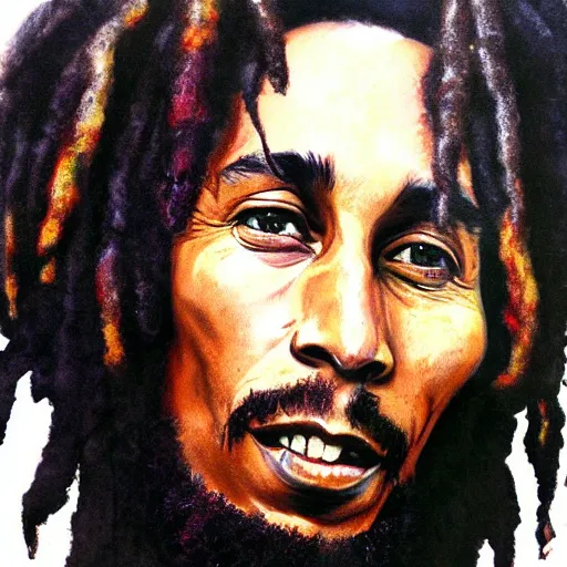 Prompt: portrait of bob marley by simon bisley