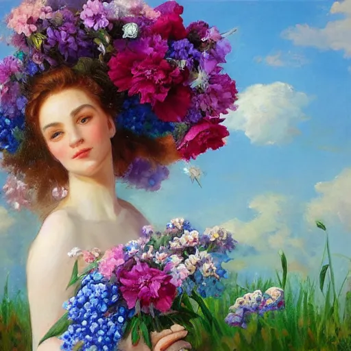 Image similar to a portrait of a romantic woman with flowers grow out of hair, roses peonies forget-me-nots dahlias lupins gladioli, sky theme in background, by Alexandr Averin, Digital Art, Trending on artstation