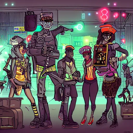 Prompt: Party in the ghetto, cybersteampunk, cartooncore