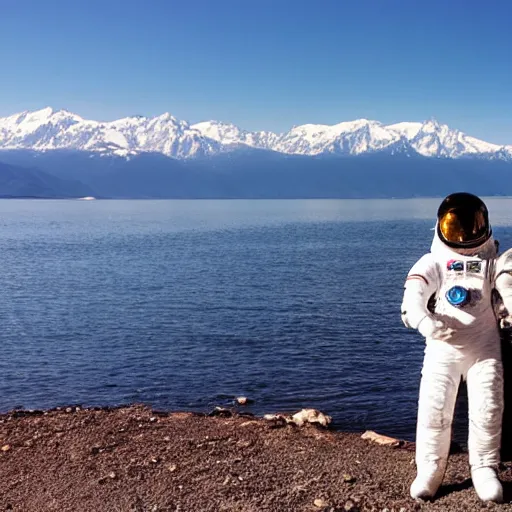 Prompt: an astronaut standing in the water of Lake Baikal and looking at the mountains