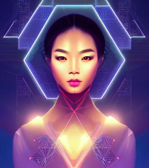 Image similar to symmetry!! asian princess of technology, solid cube of light, hard edges, product render retro - futuristic poster scifi, lasers and neon circuits, beautiful dark skin asian princess, intricate, elegant, highly detailed, digital painting, artstation, concept art, smooth, sharp focus, illustration, dreamlike, art by artgerm