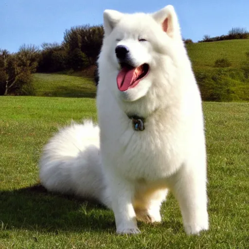 Image similar to A photo of a Samoyed dog with its tongue out hugging a white Siamese cat.