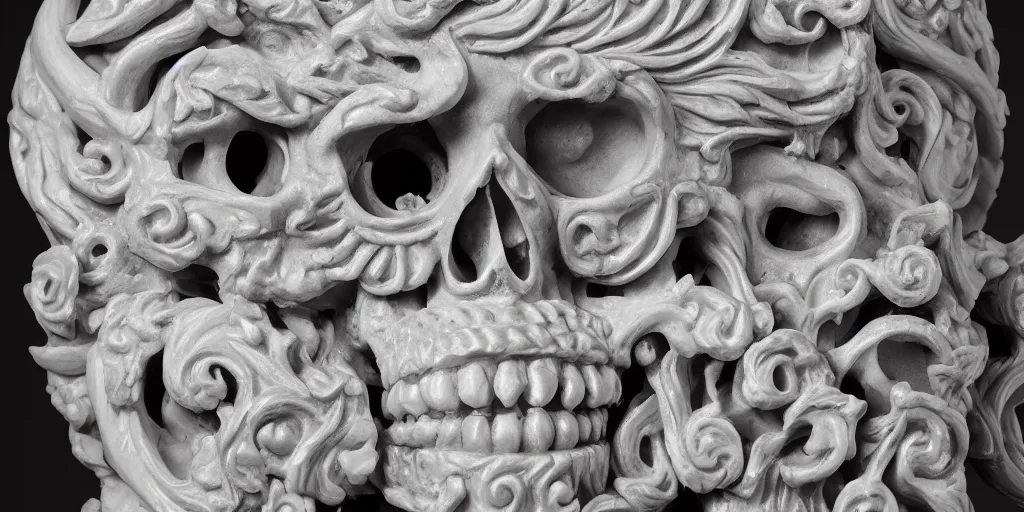 Image similar to curly gothic baroque tiki skull head , intricate ornate marble carving, white background, sculpture, hyper-realistic, micro details, focused, dramatic, sophisticated, soft surface, professional photography, overhead dramatic light, medium-shot, 3d art, artstation, CGsociety, 3d render, environmental key art, octane render, weta digital, 3d sculpture, structure, render in octane, unreal engine, ray trace 4k, cinematic ,dynamic light, amazing details, beautiful ,