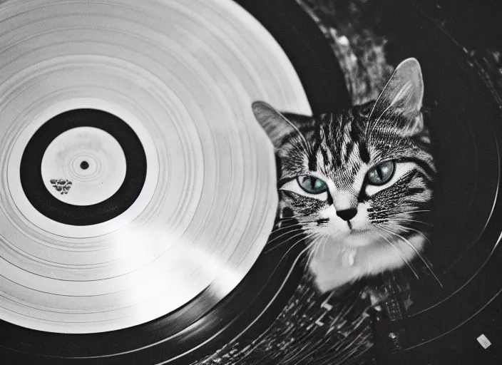 Image similar to photography of a Cat sitting on a record player. in a room full of vinyls and posters out of the 70's, photorealistic, raining award winning photo, 100mm, sharp, high res
